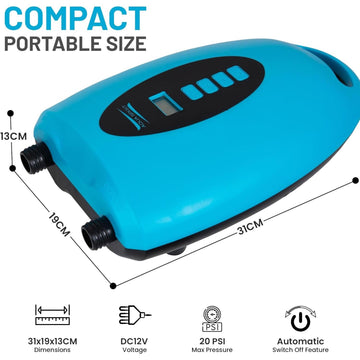 Aqua Spirit Electric SUP Pump Dual Motor with LCD Screen, 20 PSI Max Pressure, Automatic Stop, Compact Design, 6 Nozzles, Drawstring Bag - Ideal for Inflating Paddle Boards, Kayak, Boats and more - Aqua Spirit iSUPs UK